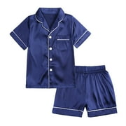 Odeerbi 6M-13Y Kids Boys Girls Silk Satin Pajama Set Cute Soft Pajamas Toddler Winter Solid Color Short Sleeved Pants Home Wear Clothes Suit Baby Clothes Blue